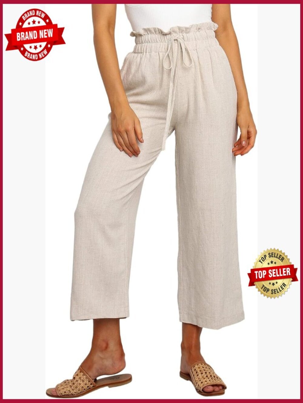 High Rise Wide Leg Linen Blend Casual Pants with Pockets
